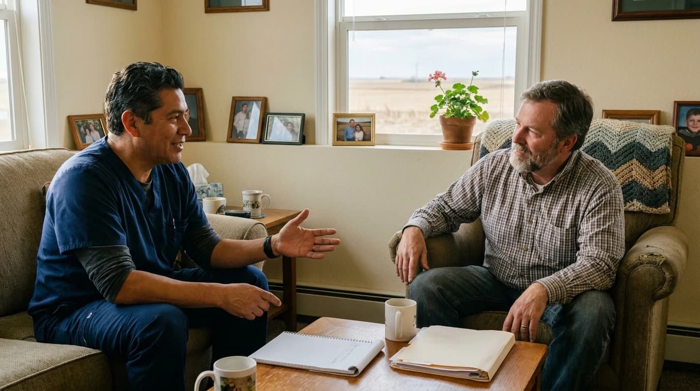 A care home staff member in scrubs talks with a family member in the living room of a small residential care home, the Eastern Colorado plains visible through the window
