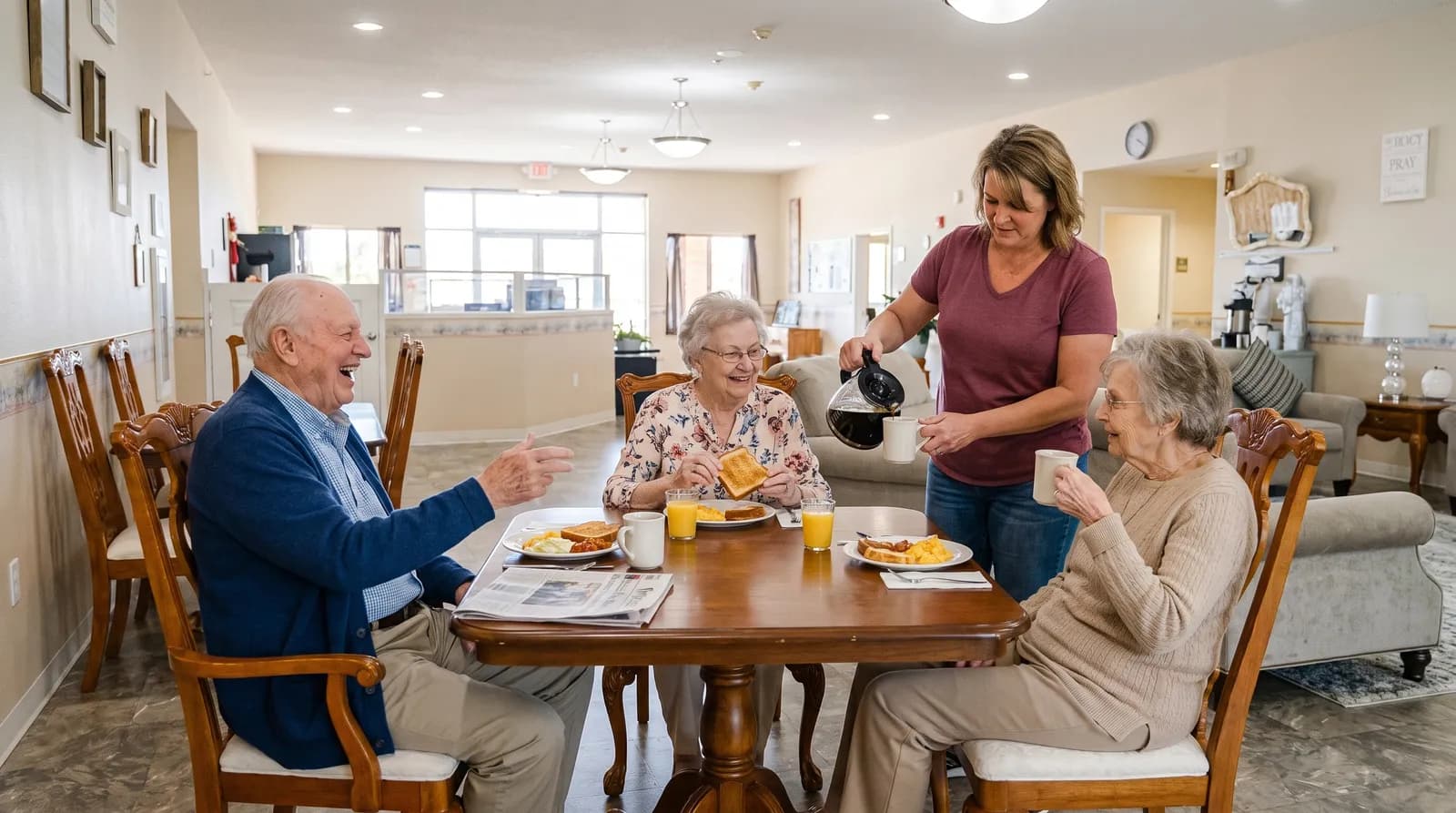 Illustration: three older residents at a shared breakfast table with plates and juice while a caregiver pours coffee, in a small assisted living home.