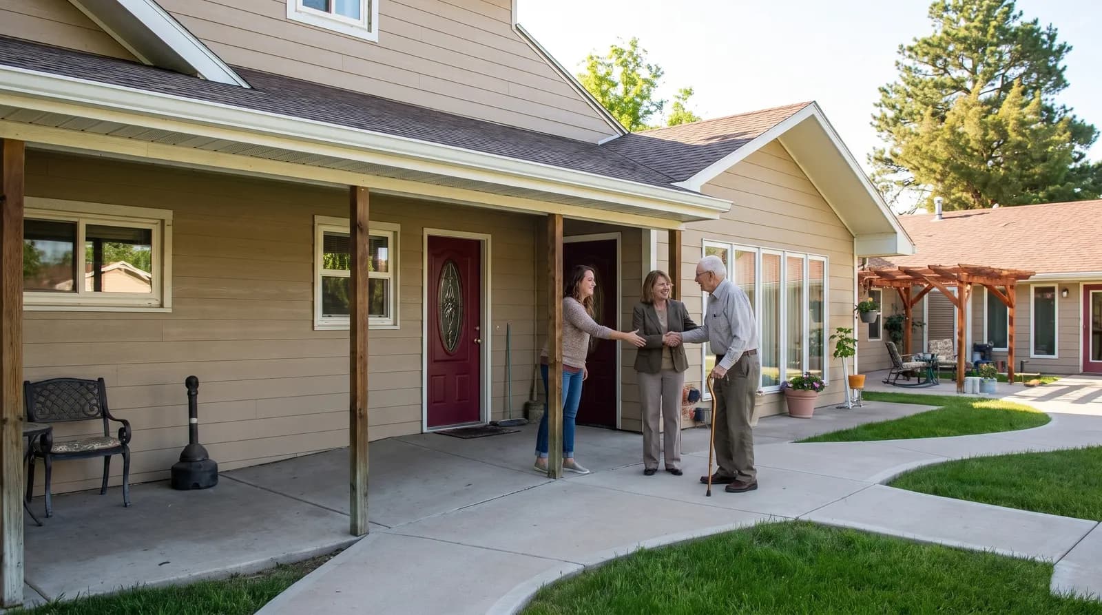 Illustration: a family being greeted with a handshake on the front porch of a small single-storey assisted living home on a sunny day.