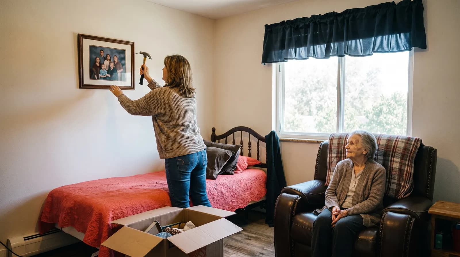 Illustration: a daughter hanging a framed family photograph above the bed in a resident's room on move-in day, an open box on the floor, her mother watching from an armchair.
