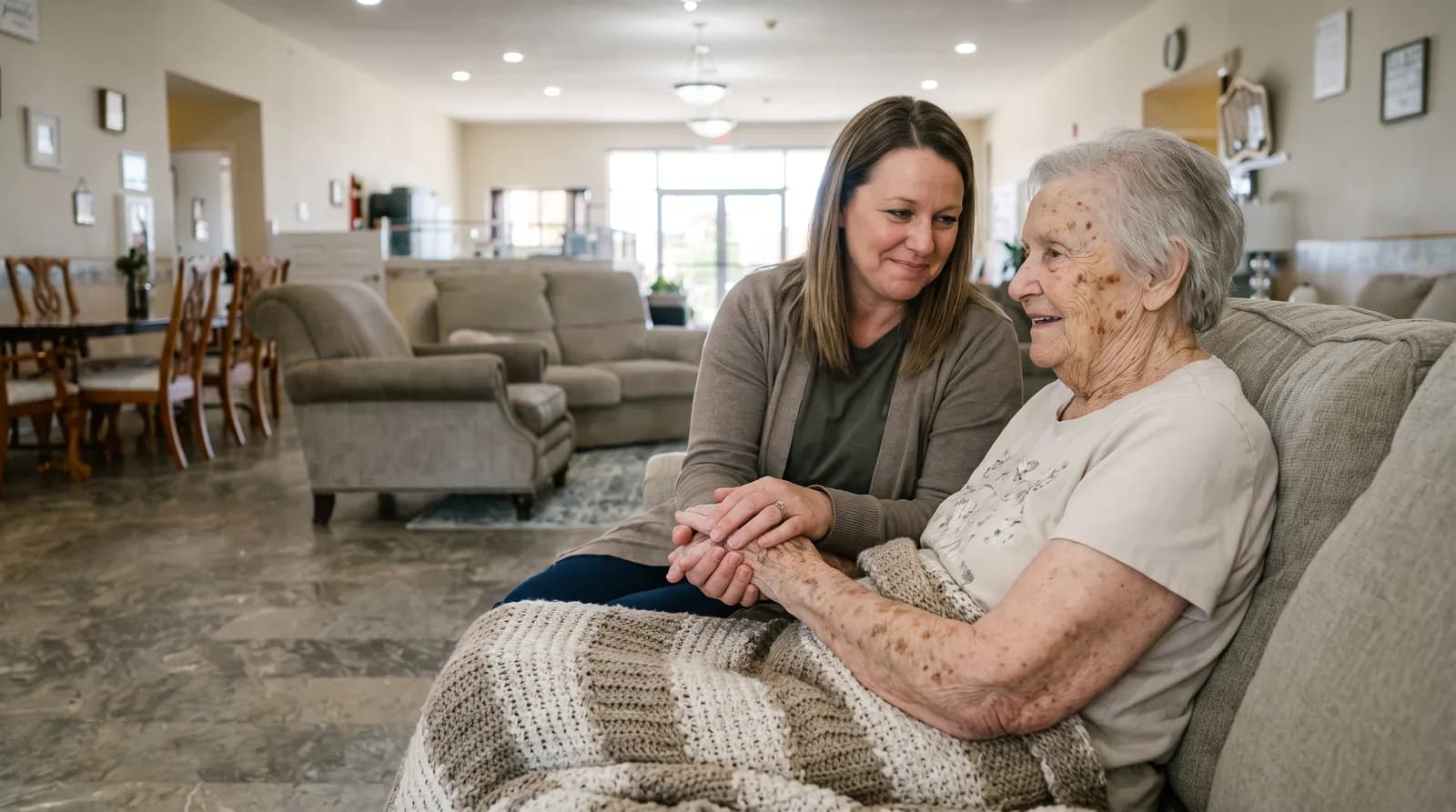 Illustration: a caregiver sitting beside an older woman on a sofa, holding her hands, in the shared living room of a small assisted living home.