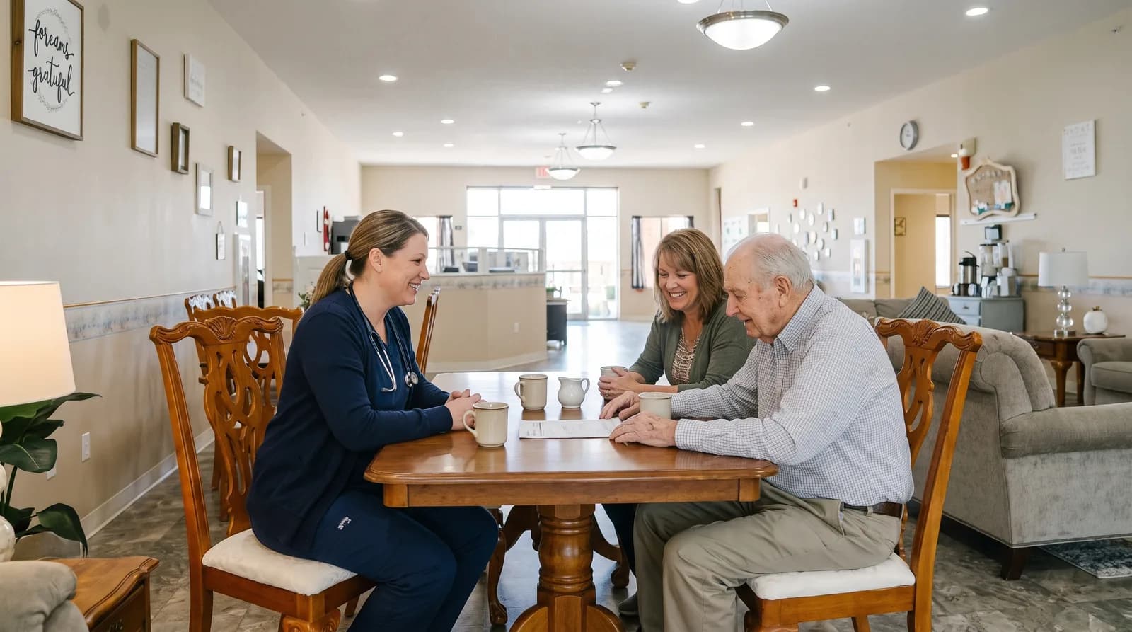 Illustration: a caregiver in scrubs sitting at a dining table with a woman and an older man, papers and coffee cups in front of them, in the common room of a small assisted living home.