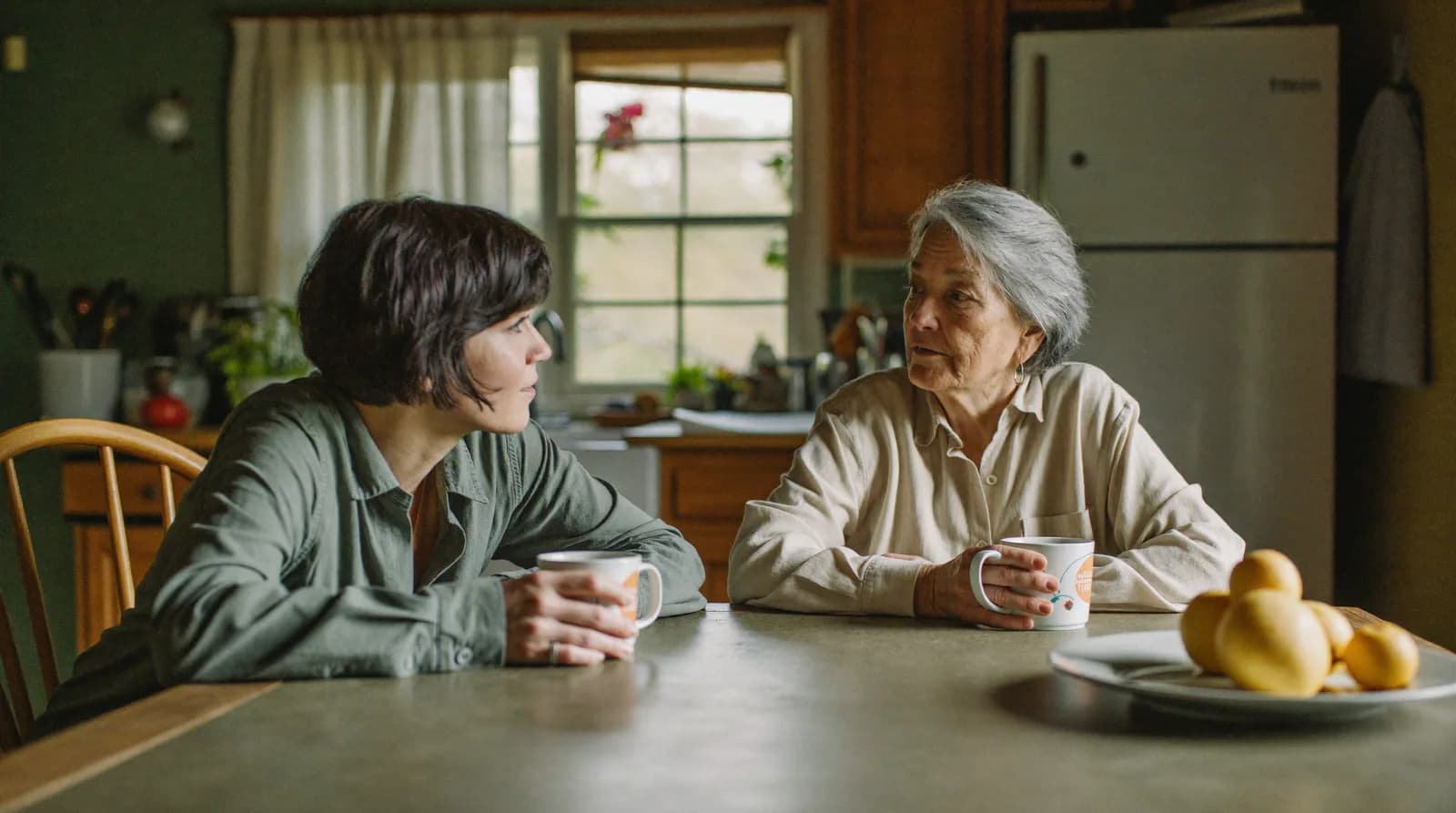 Illustration: an adult daughter and her mother sitting across a kitchen table with mugs of coffee, talking.