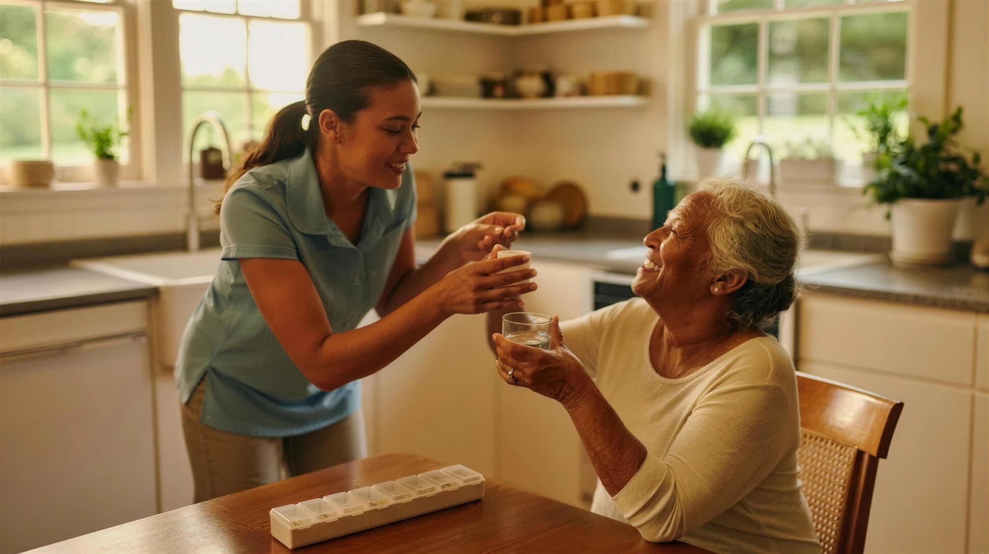 A caregiver hands a medication cup to a smiling older woman holding a glass of water at a kitchen table, a weekly pill organizer in front of her