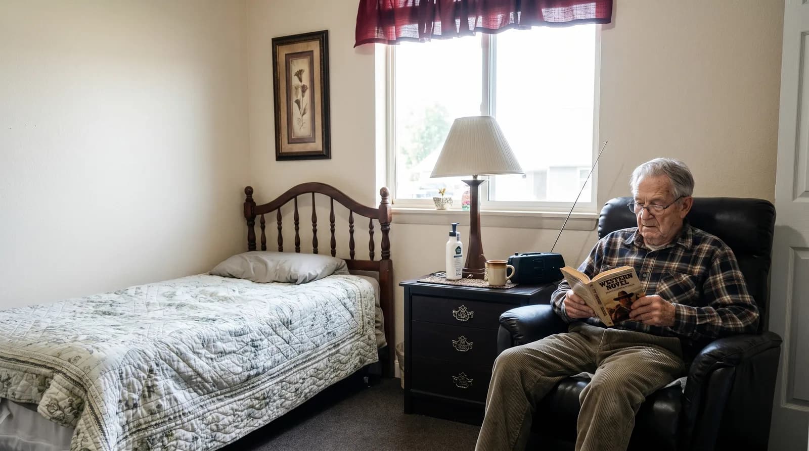 Illustration: an older man reading a book in a recliner beside the window of his room in a small assisted living home.