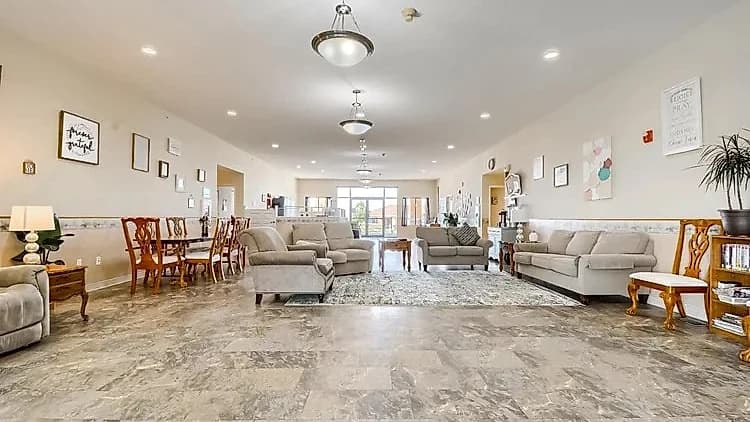 The large shared living and dining room at the Aspen Leaf 6th Street home in Limon, Colorado