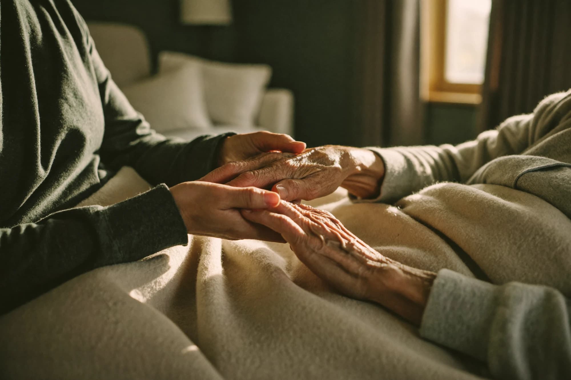 A younger person gently holds the hand of an elderly person resting under a soft blanket in a quiet, warmly lit room